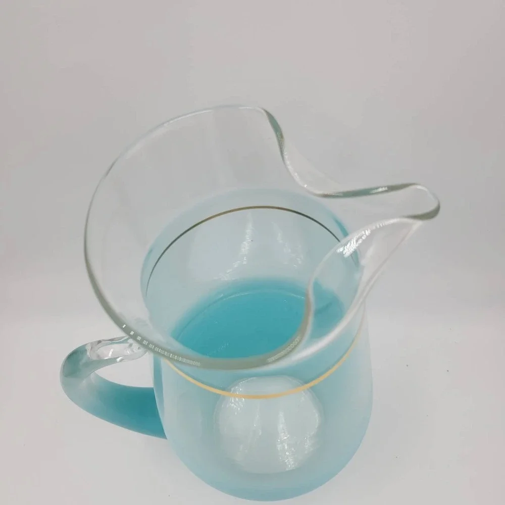 Vintage Blendo Turquoise Ombre Glass Pitcher Gold Rim Mid Century Modern Frosted